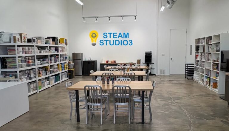 A room with work tables, supply shelves, and a white wall with a sign that says Steam 3 Studio.